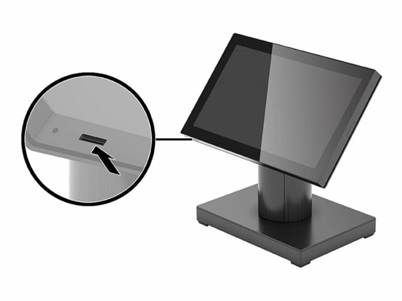 Power button on the bottom-left edge of the screen frame