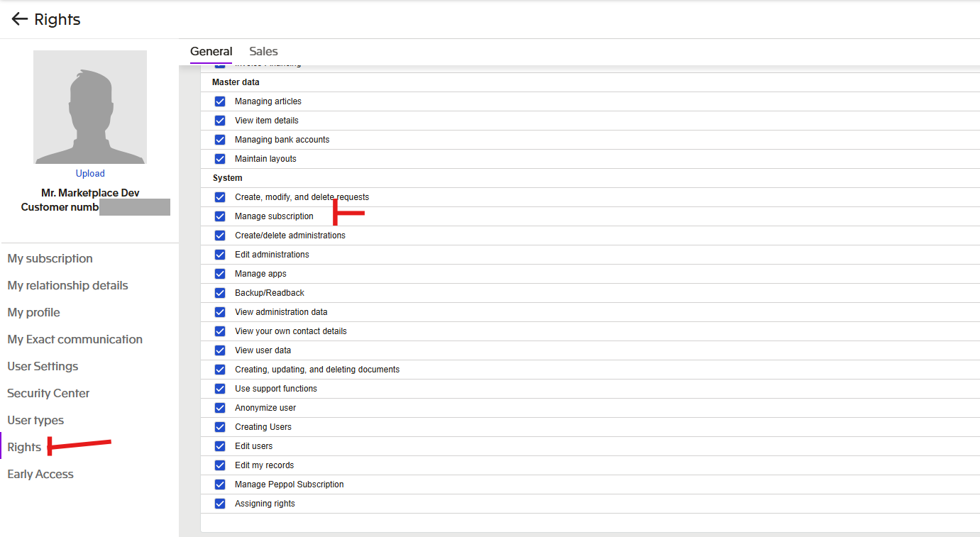 User rights with Manage subscription